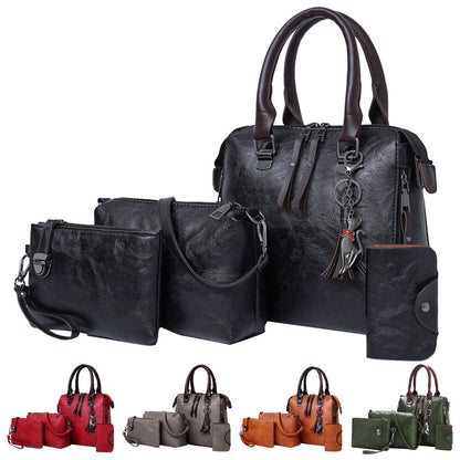 4pcs Vintage Women Handbag PU Leather Tote Messenger Bag Wallet Clutch w/ Tassel