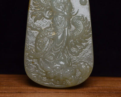 Chinese Top Natural Hetian Jade Carved Dragon Kuan Yin Statues Pendant Jewelry
