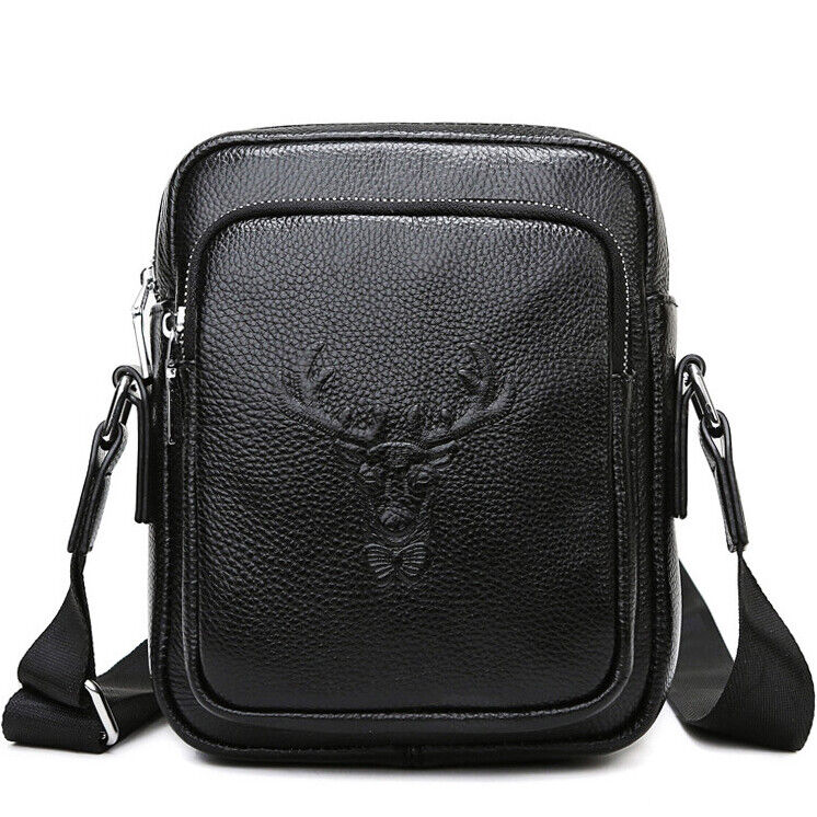 100% Genuine Leather Men's 8" Business Bags Black Sling Shoulder Messenger Bag