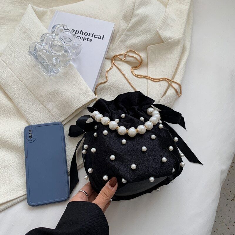 Shoulder Bags Women Ladies Handbag Pearl Silk Female Bucket Crossbody Bag