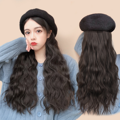 Women's Beret Wig Synthetic Long Wave Curly Hat Wig Hat One-piece Wig Keeps Warm