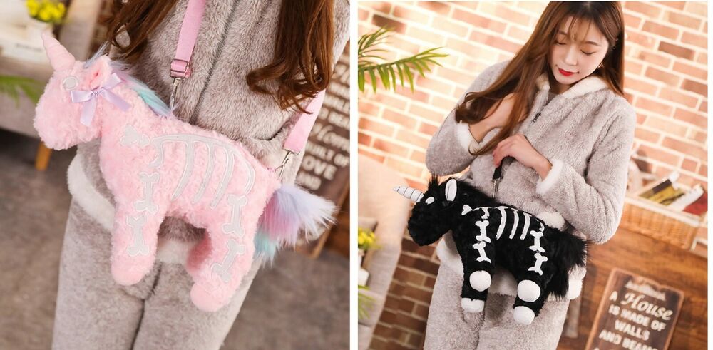 Dark Punk Unicorn Backpack Gothic Rock Plush Flying Horse Stuffed Crossbody Bags