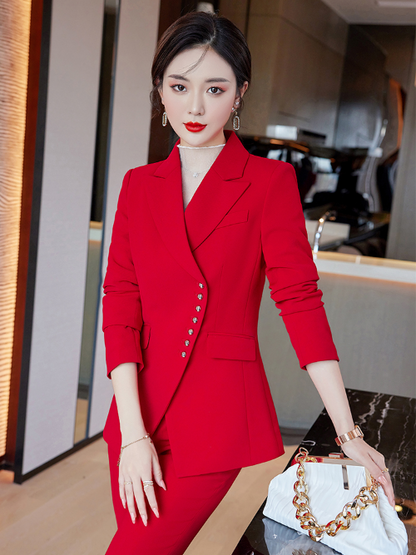 Long Sleeve Women Formal Pant Suit Ladies Red Black Business Wear 2 Piece Set