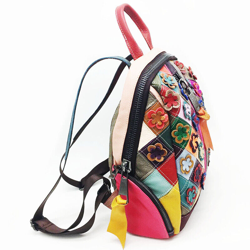 New Designer Cow Leather Colorful Floral Patchwork Women's Backpack Travel Bag