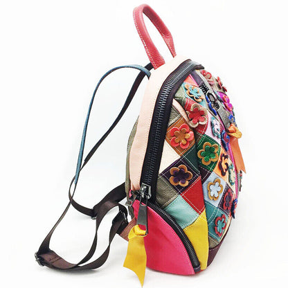 New Designer Cow Leather Colorful Floral Patchwork Women's Backpack Travel Bag