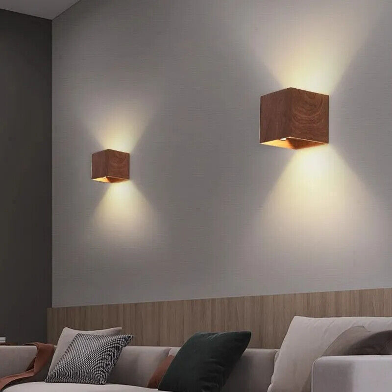 LED Wall Lamp Modern Minimalist Walnut Square Sconces Bedroom Living Rooms Light