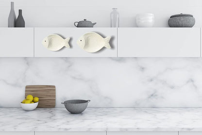 White Wooden Decor Fish Coastal Wall Hanging Art for Home Bathroom Set of 2