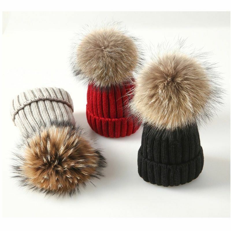 Hat Winter Fur Poms Women Knitted Beanies Cap Thick Skullies Solid Unisex Casual