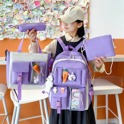 4 Pcs Sets Purple School Backpack School Bags 32*15*46CM Polyester Softback 20L