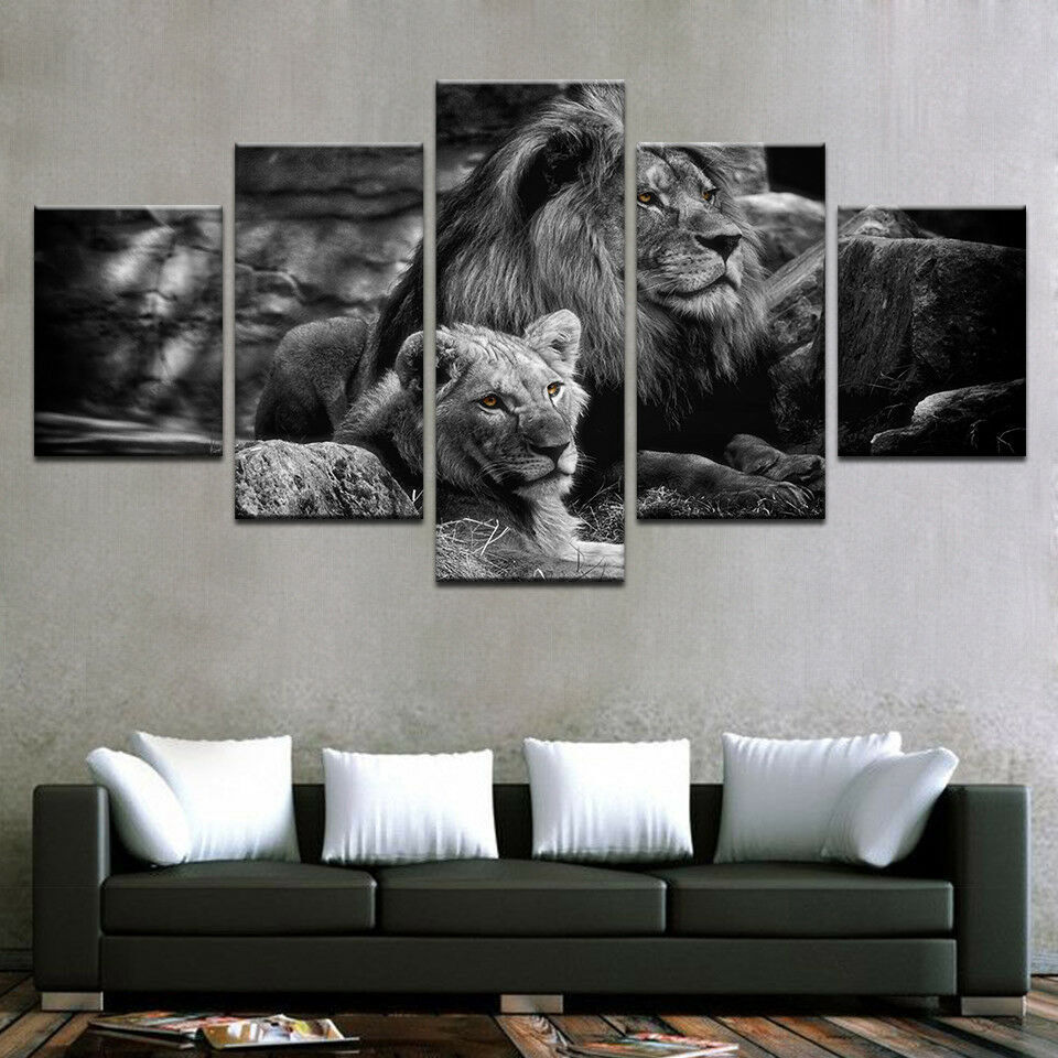 Lions Couple King Forest 5 Pieces canvas Wall Art Picture Poster Home Decor