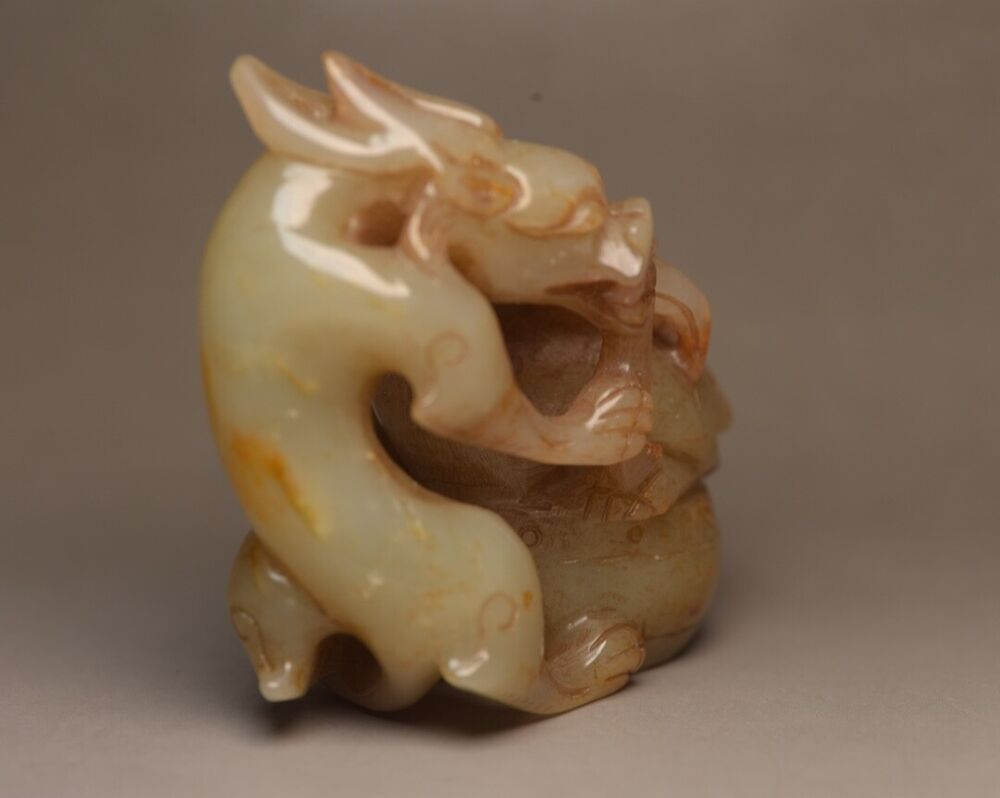 Chinese Antique Natural Hetian Jade Carved Dragon Phoenix 龙凤呈祥 Statue Figurines