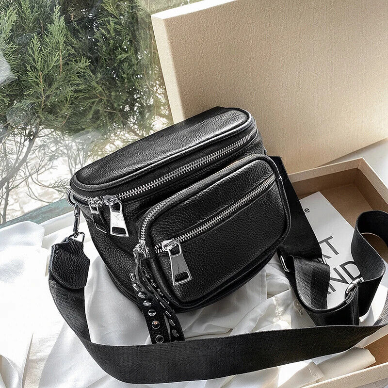 100% Cowhide Crossbody Bags Women Black Shoulder Handbags Bag Travel Saddle Bag