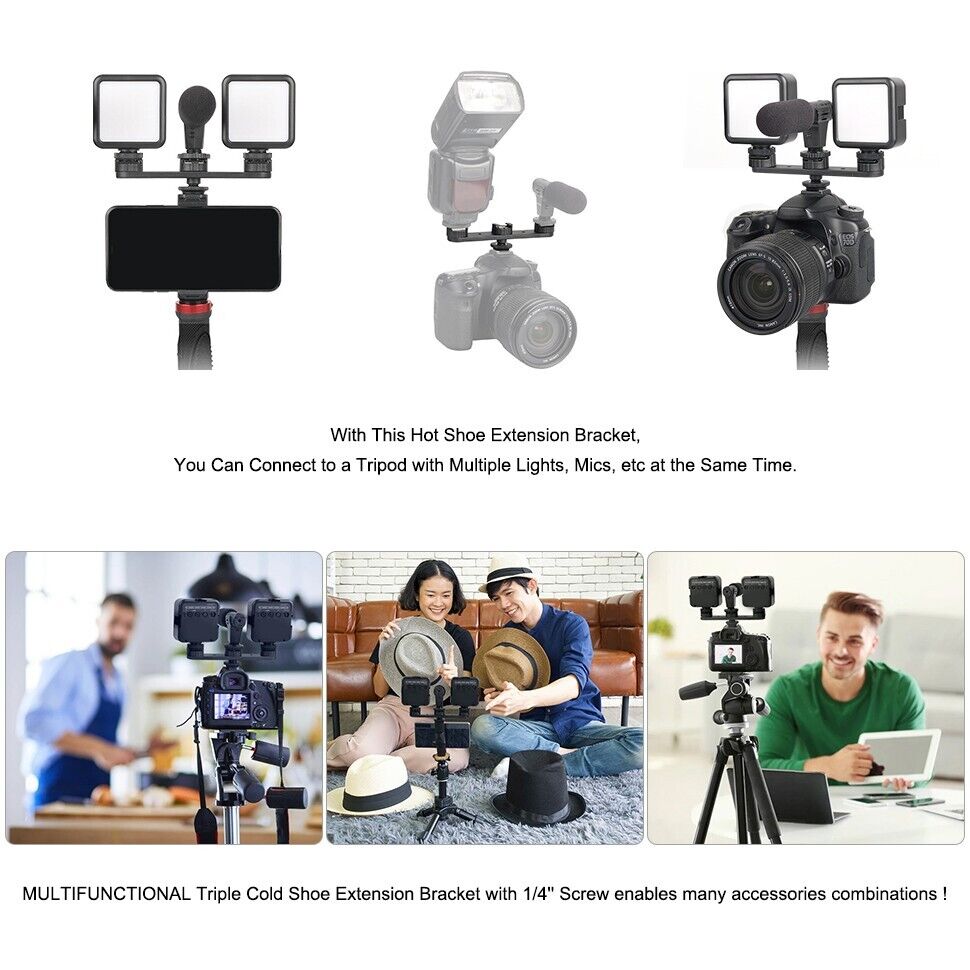 Triple Cold Shoe Mount Extension Bar Hot Shoe Adapter Camera Bracket w 1/4 Screw