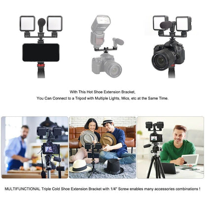 Triple Cold Shoe Mount Extension Bar Hot Shoe Adapter Camera Bracket w 1/4 Screw