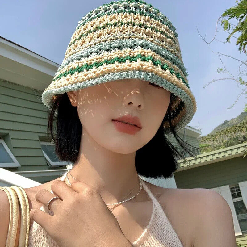 Women Bucket Hats Color Woven Summer Japanese Show Face Beach Sun Caps Sunshades