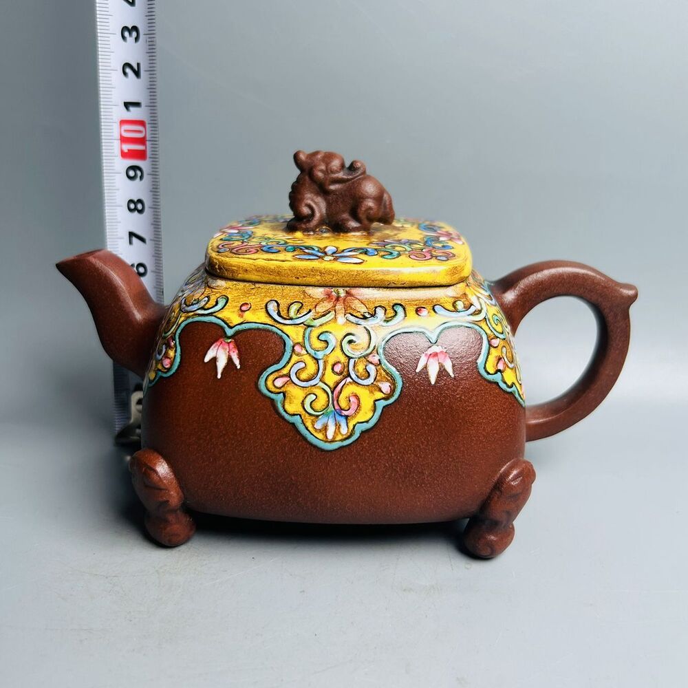 Vintage Chinese Yixing Purple Clay Teapot Zisha Ceremony Enamel Fine Teaware Art