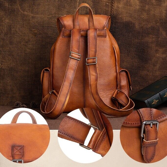 Cow Leather Men's Drawstring Backpack, Retro Travel Bag 15.6" Laptop Backpack