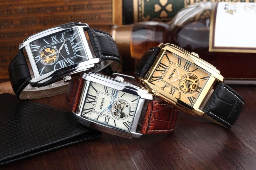 Retro Men's Watch Automatic Mechanical Wrist Watch Skeleton Leather Rectangle