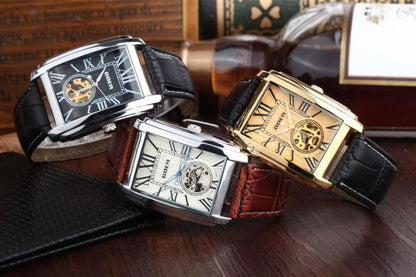 Retro Men's Watch Automatic Mechanical Wrist Watch Skeleton Leather Rectangle