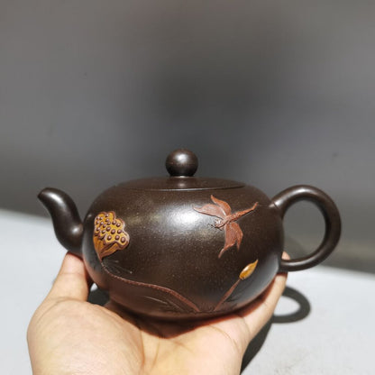 vintage chinese yixing purple clay teapot zisha Lotus flower dragonfly teaware
