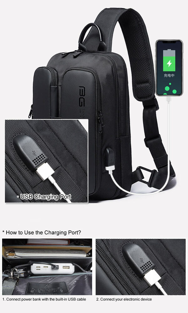 USB Charging Port Water Resistant Nylon Sling bag Chest Pack Backpack Business