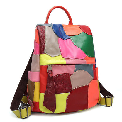 Sheepskin Leather Women's Colorful Blocks Patchwork Backpack Travel Bag Rucksack
