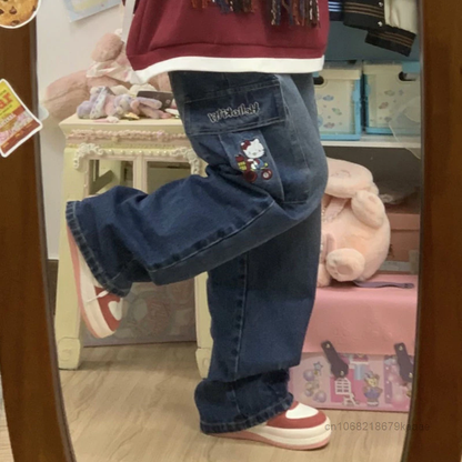 Hello Kitty Y2K Wide Leg Jeans Embroidered Workwear Wide Leg Pants