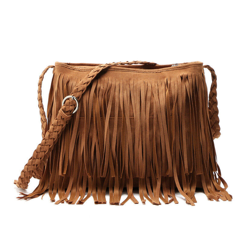 Tassel Crossbody Shoulder Bag Outdoor Travel Bag Suede Fabric Leather Women