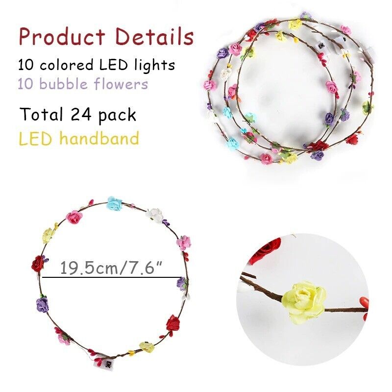 Flower Crowns Neon Headband Adjustable Garland Glow Nights 10 LED Wreath Plastic