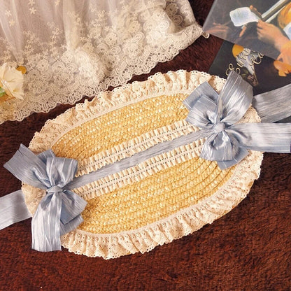 Women Lolita Hats Pastoral Style Flat Tops Lace Flower Ribbon Straw Beach Bonnet