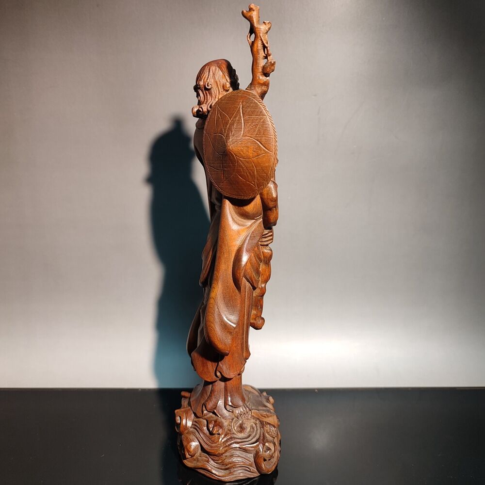 8" old antique wood carving Boxwood wooden sculpture buddha Dharma Arhat statue