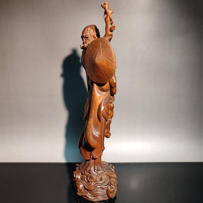 8" old antique wood carving Boxwood wooden sculpture buddha Dharma Arhat statue