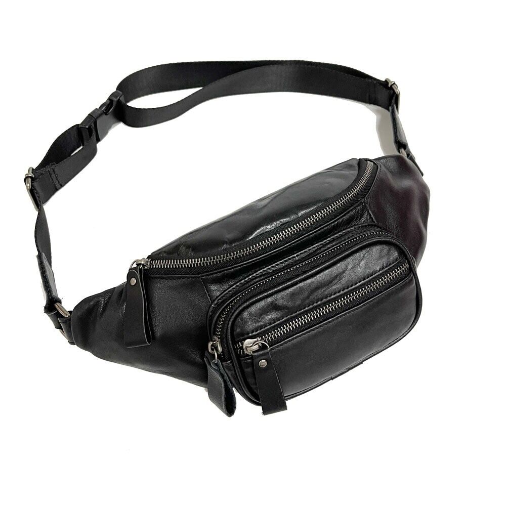 Black Men Real Cow Leather Small Belt Bum Bag Waist Fanny Pack Sport Backpack