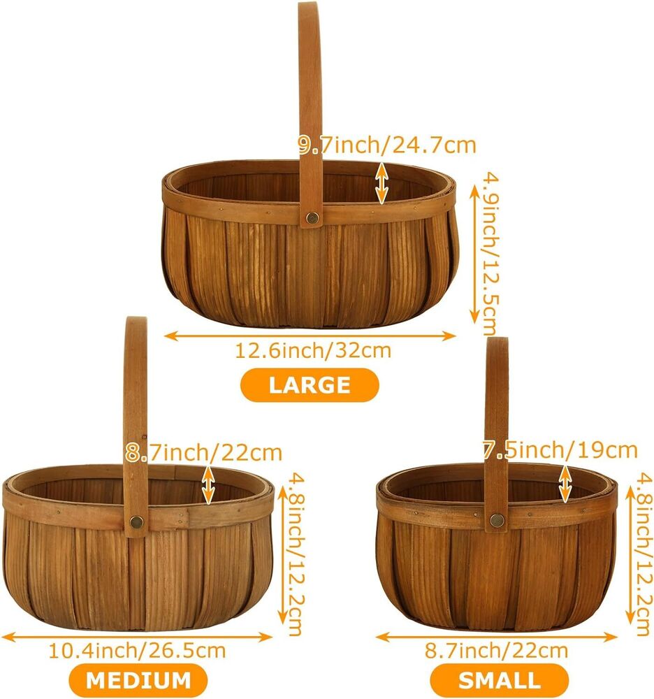Hand Woven Wooden Bread Picnic Baskets with Handle Storage Organizer 3 Pieces
