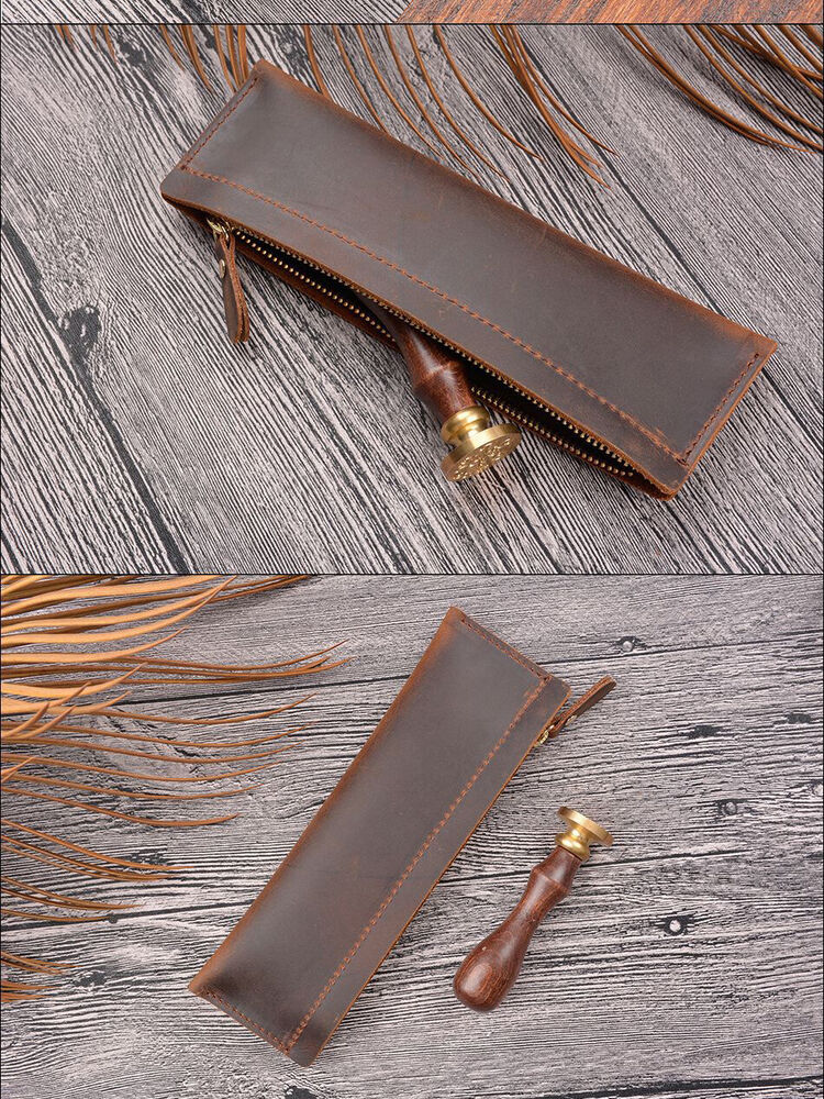 Handmade Cowhide Leather Pen Bag Zipper Pencil Case Vintage Stationery Storage