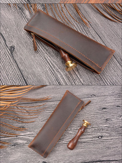 Handmade Cowhide Leather Pen Bag Zipper Pencil Case Vintage Stationery Storage