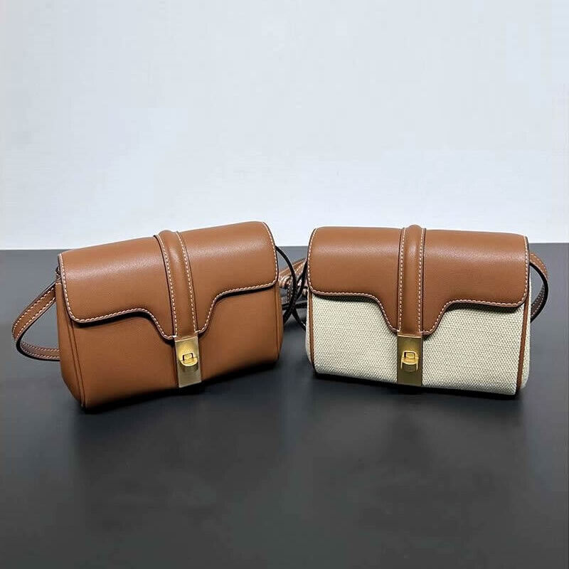 Mini Real Leather Canvas Small Flap Shoulder Bag Clutch Box Purse Crossbody