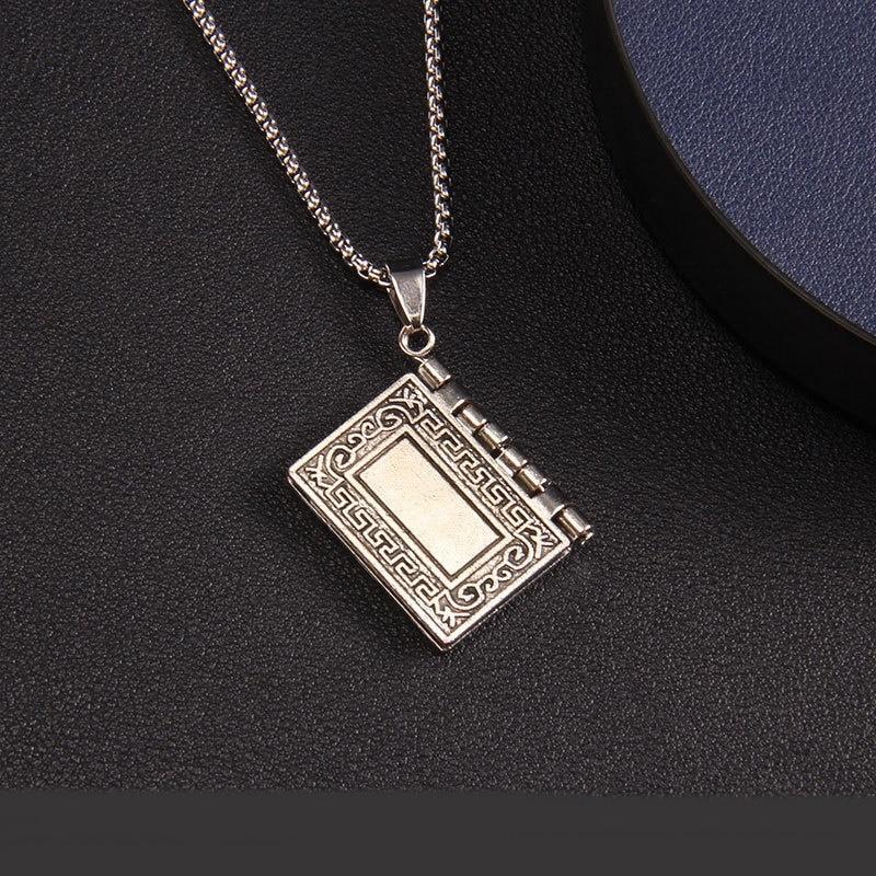 Vintage Silver Cross Bible Book Pendant Necklace Unique Jewelry For Men Women