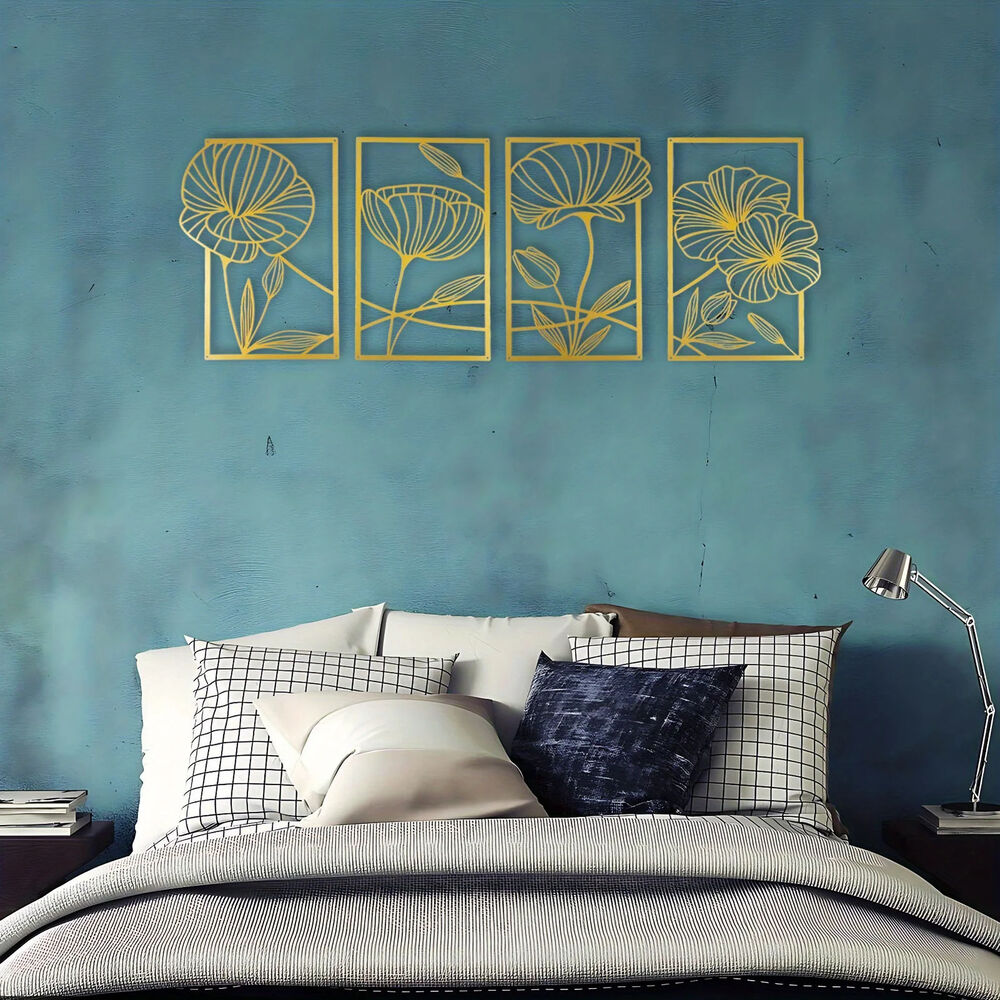 4 Piece Metal Lotus Flower Wall Decor, Floral Aesthetic Splicing Line Art