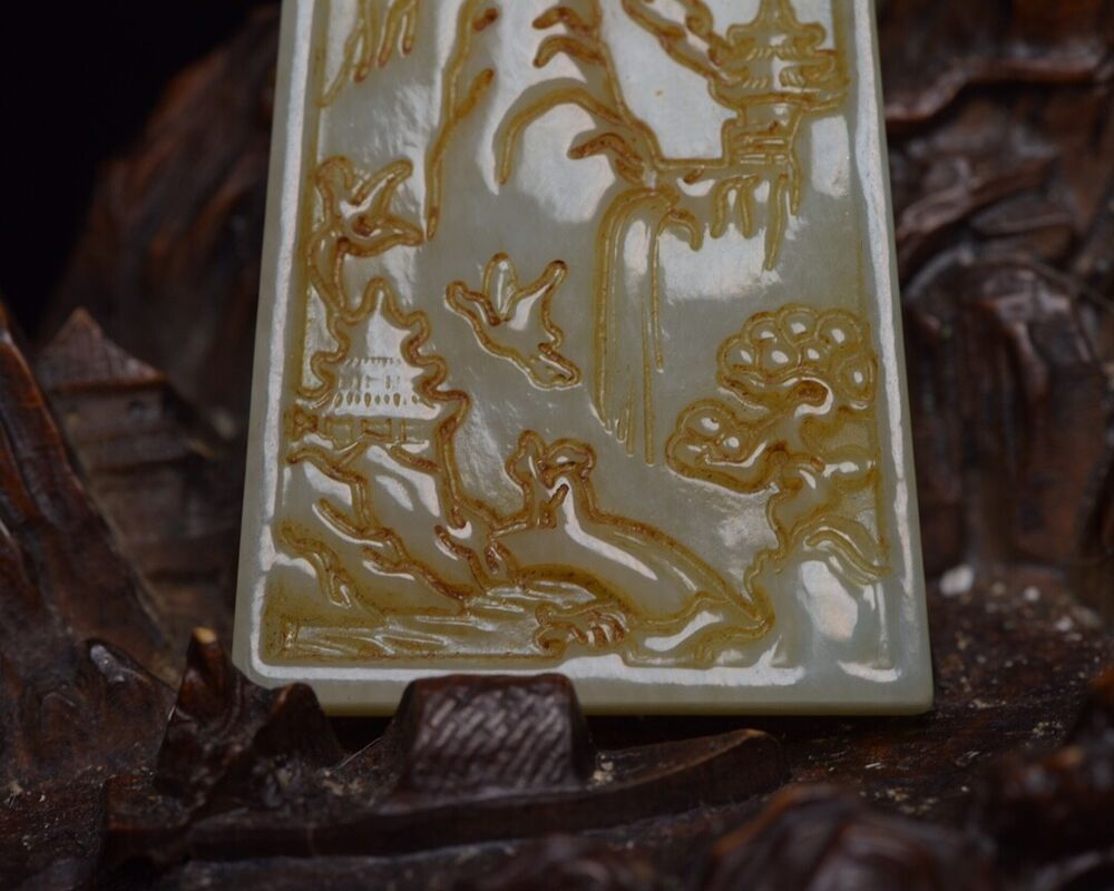 Chinese Natural Hetian Jade Carving Landscape Statue Exquisite Pendant Jewelry