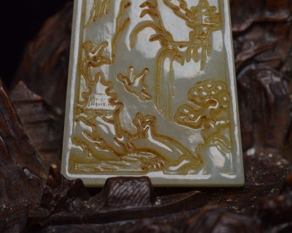 Chinese Natural Hetian Jade Carving Landscape Statue Exquisite Pendant Jewelry
