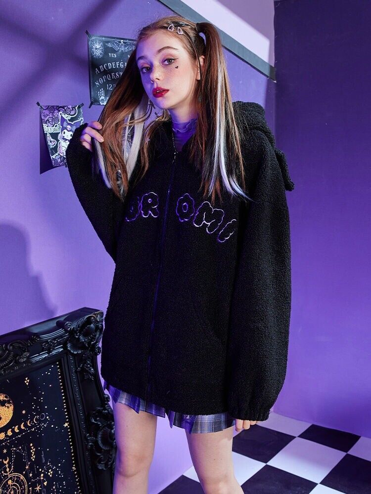 Girl KUROMI Devil Black Fleece Hooded Sweatshirt Zipper Jacket Causual Coat Tops