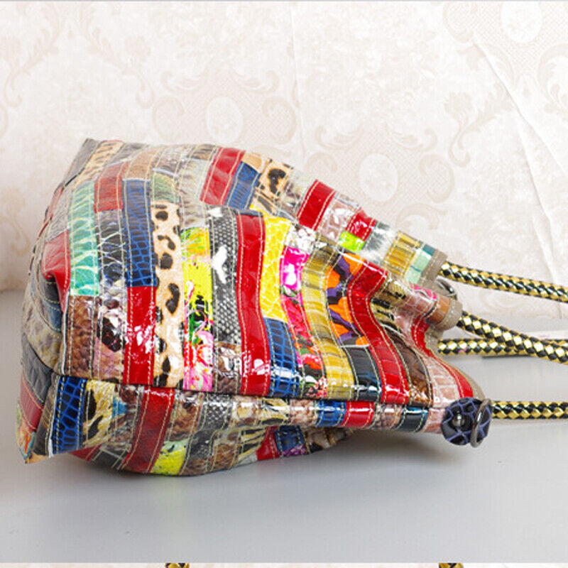 Women 100% Genuine Leather Snake Stripes Colorful Handbag Shoulder Satchel Tote