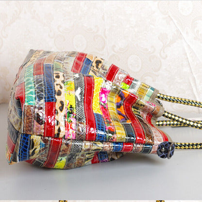 Women 100% Genuine Leather Snake Stripes Colorful Handbag Shoulder Satchel Tote