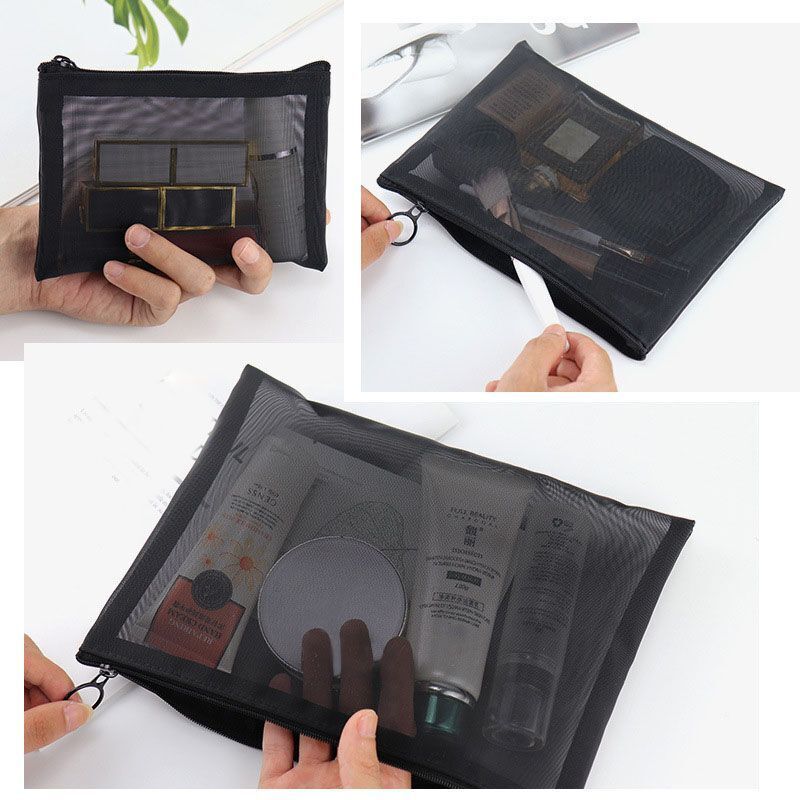 1pc Cosmetic Bag Transparent Mesh Zipper Organizer Small/BigBlack Toiletry Bags