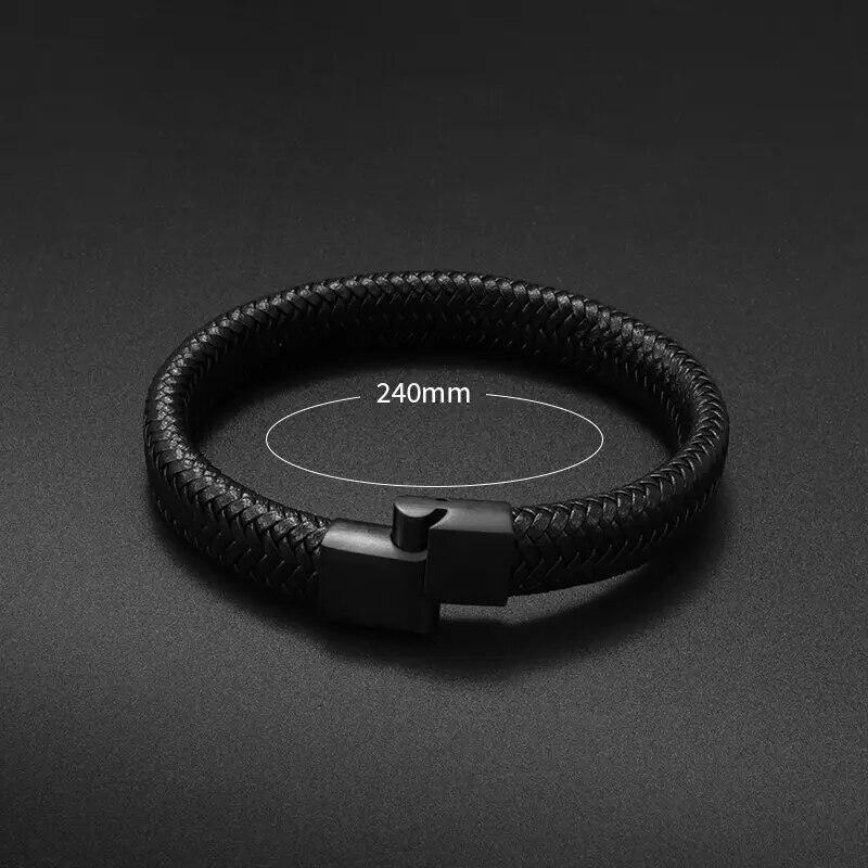 Black Bracelet Men's Braided Leather Bangle Stainless Steel Cuff Wristband
