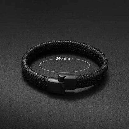 Black Bracelet Men's Braided Leather Bangle Stainless Steel Cuff Wristband