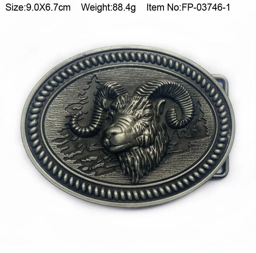 Belt Buckle Zinc Alloy Retro Western Goat Head Design Pewter Finishing 9.0x6.7cm