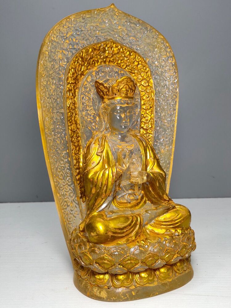 10"Gold Buddha meditation colored glaze Statue Carving glass buddhist large rare