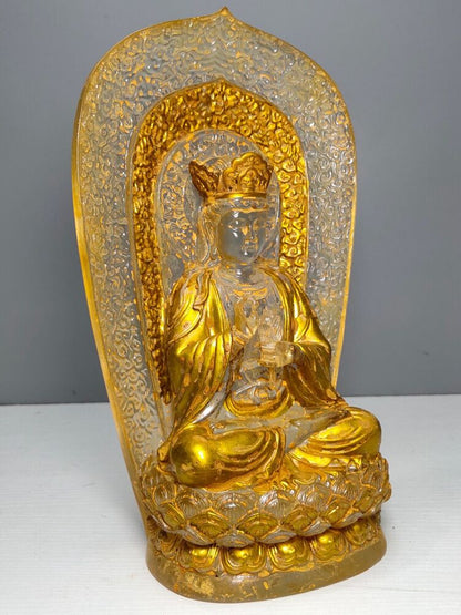 10"Gold Buddha meditation colored glaze Statue Carving glass buddhist large rare